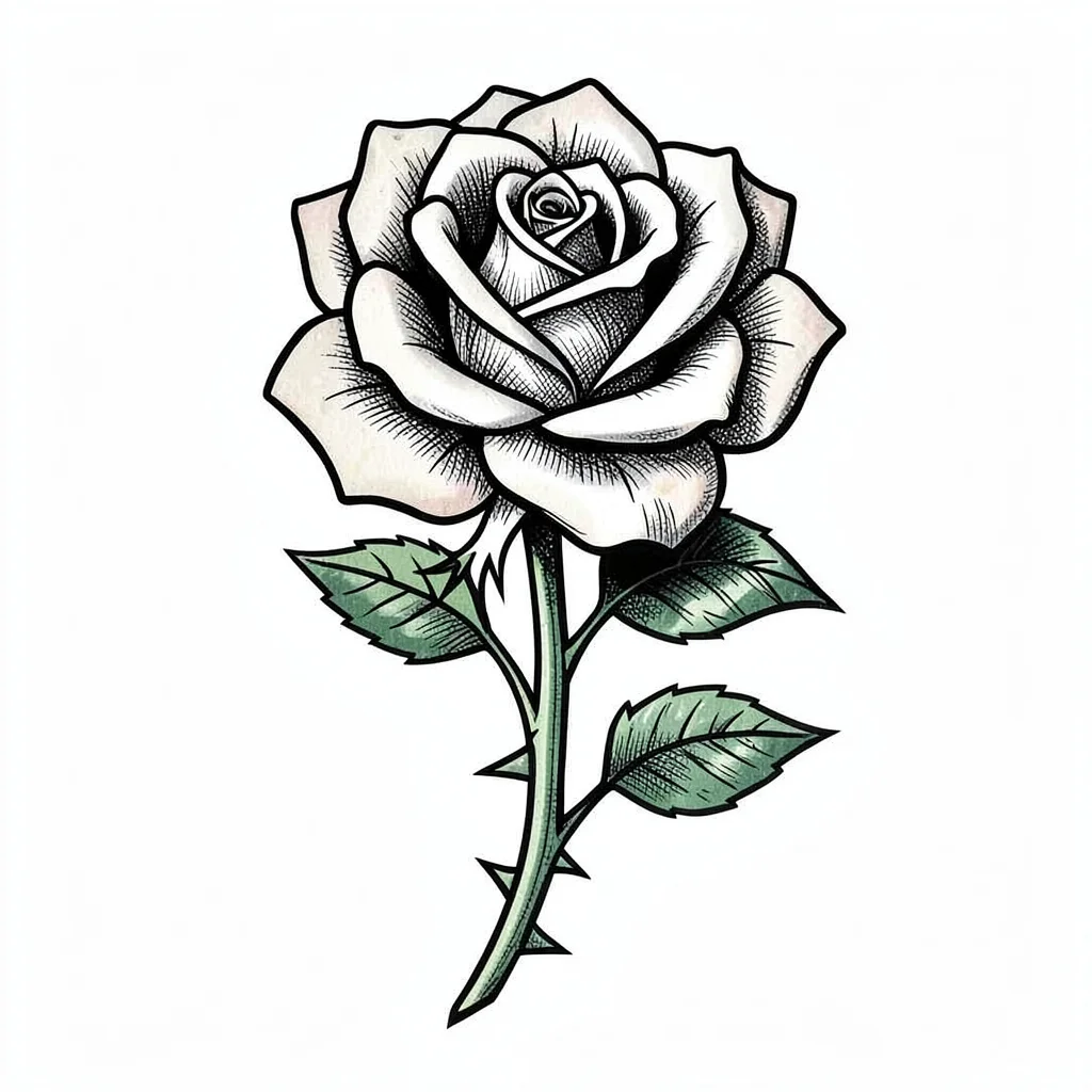 Traditional tattoo flash illustration, Classic rose with thorny stem, single blo