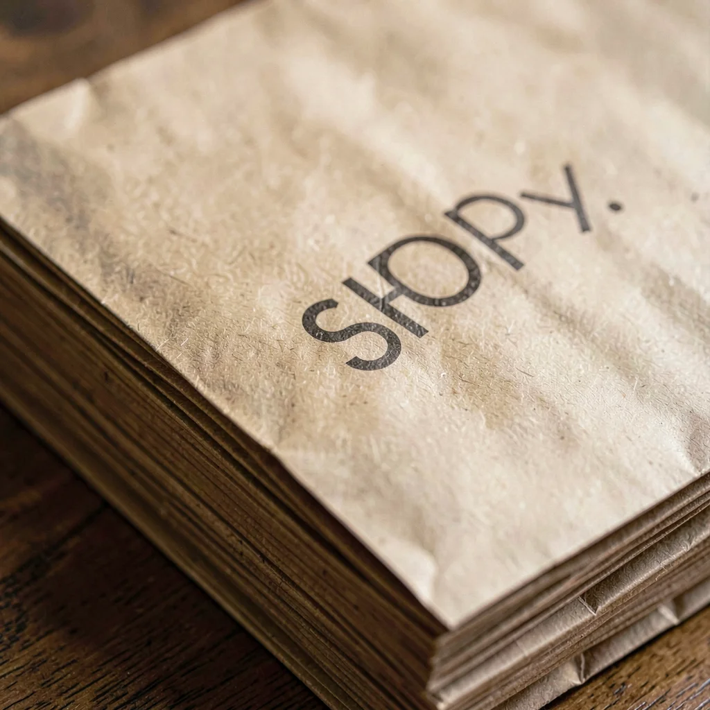 Paper-texture macro of a stack of brown paper bags with the shop's logo blanked