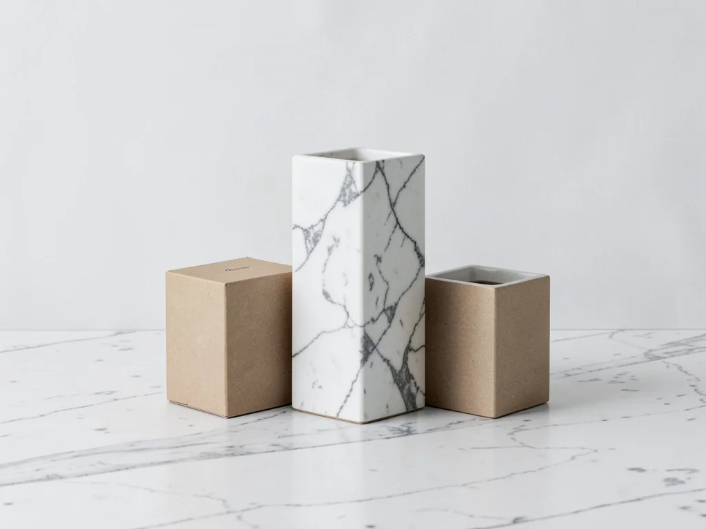 Ceramic vessels trio on marble surface