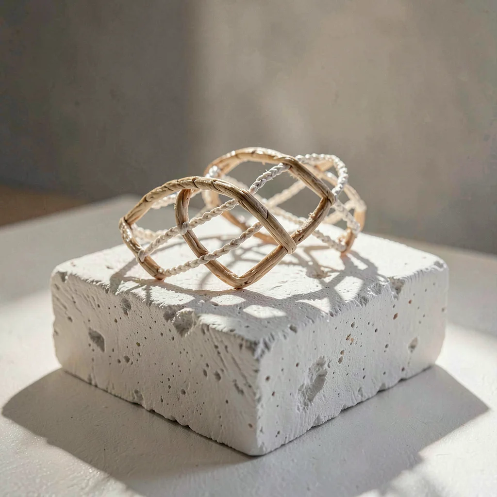 Sculptural mineralcut closeup of a knotted diamond mesh on chalky white plinth, 