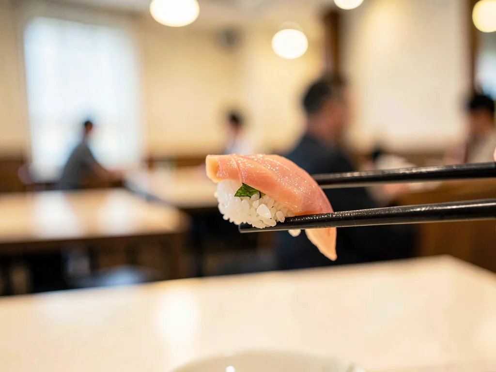 Sushi piece on chopsticks, restaurant behind cream