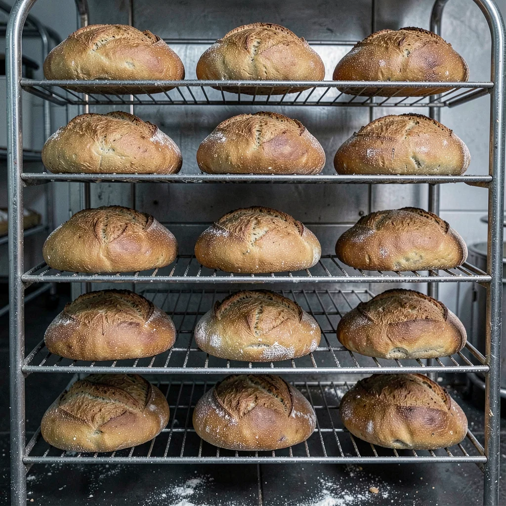 Precise geometric composition, industrial clarity, Thirty bread loaves cooling o