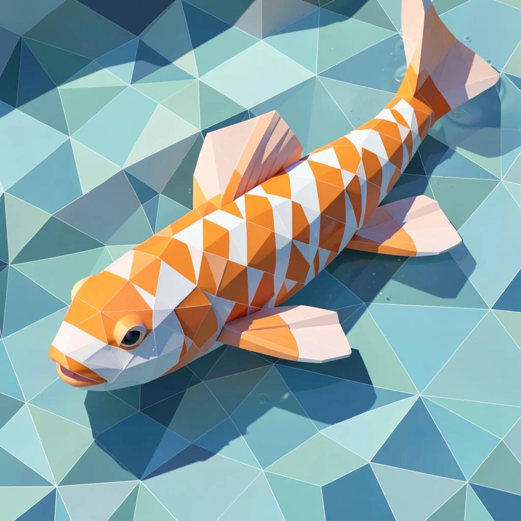 A koi fish swimming in a pond, its scales as overlapping diamond facets in orang