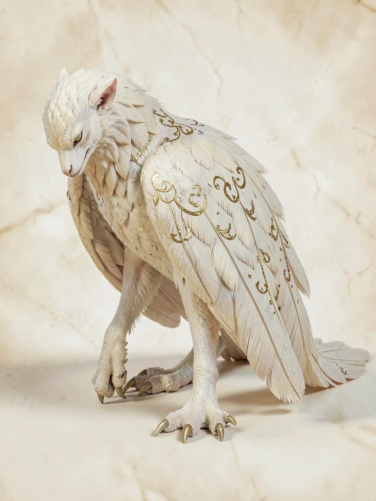Ivory-feathered alkonost with cream chest-down and faint gold filigree along its