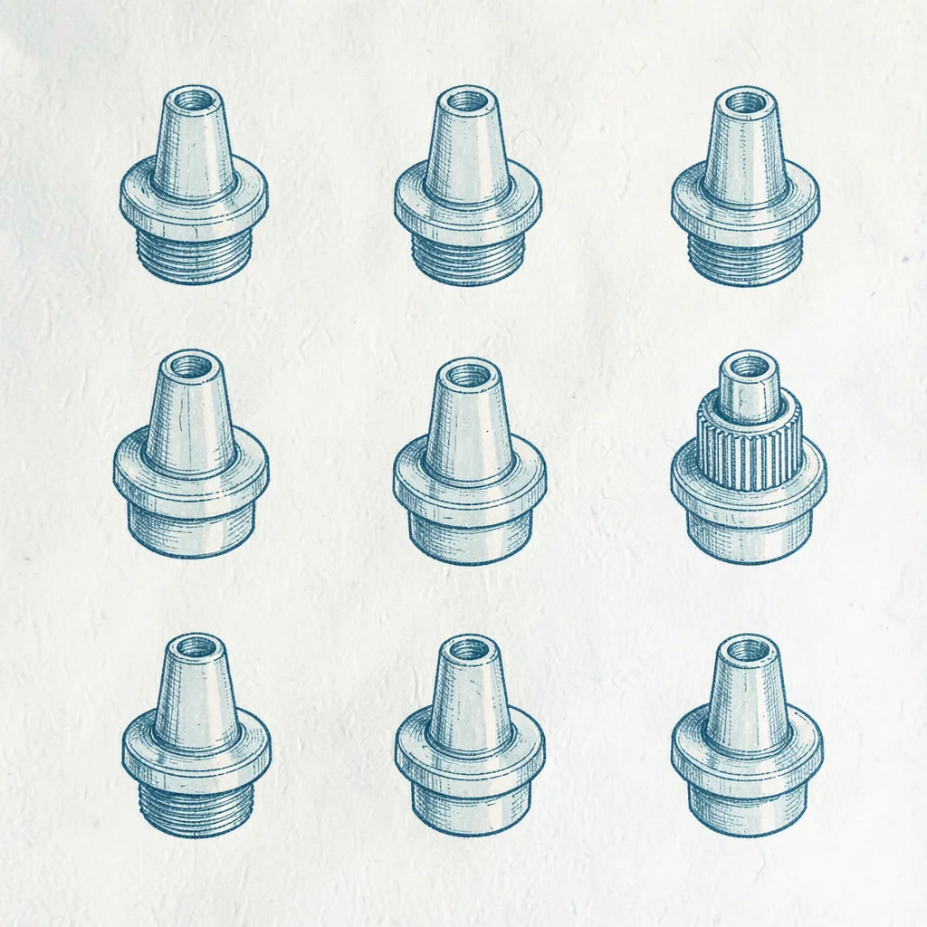 Detail study of a soft flask bite-valve in crisp ivory ink on cool cyan, multipl