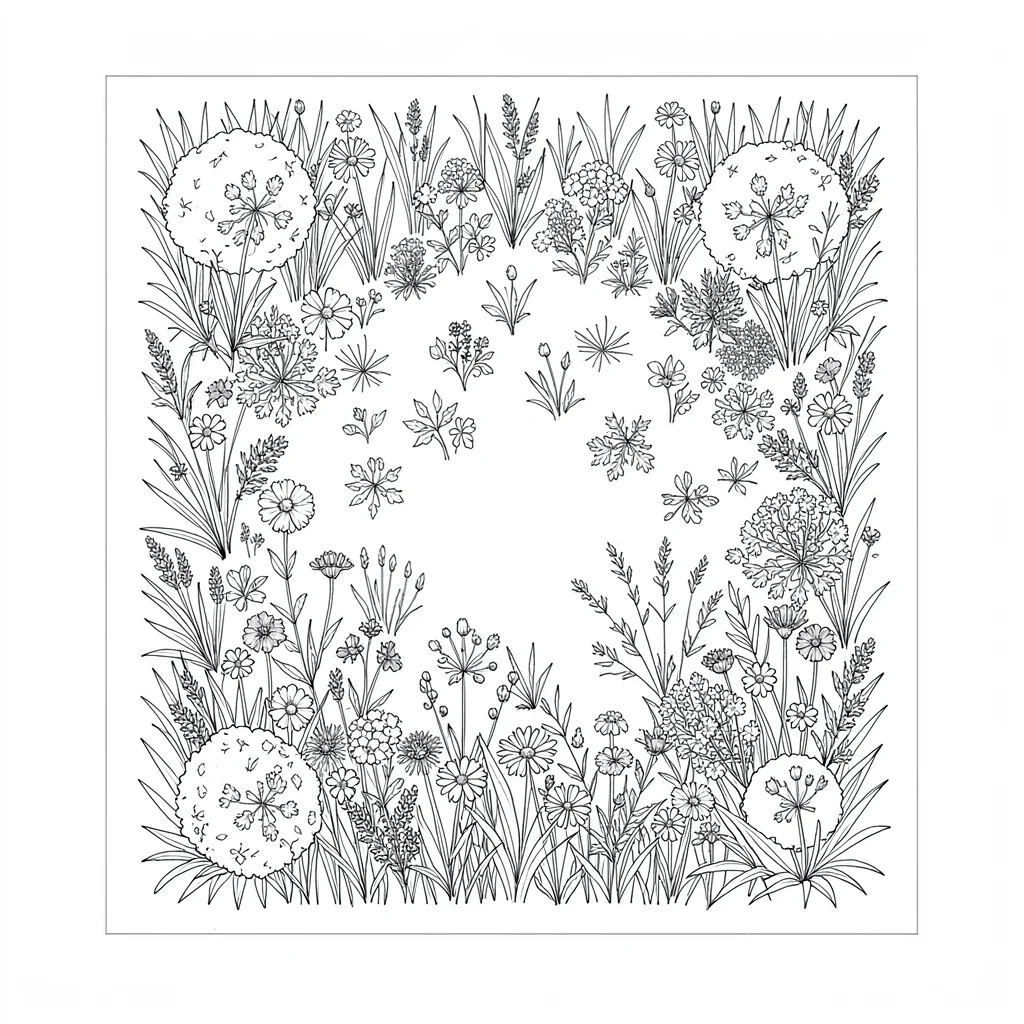 Top-down meadow plan blueprint of a wildflower zone within a larger garden, hair