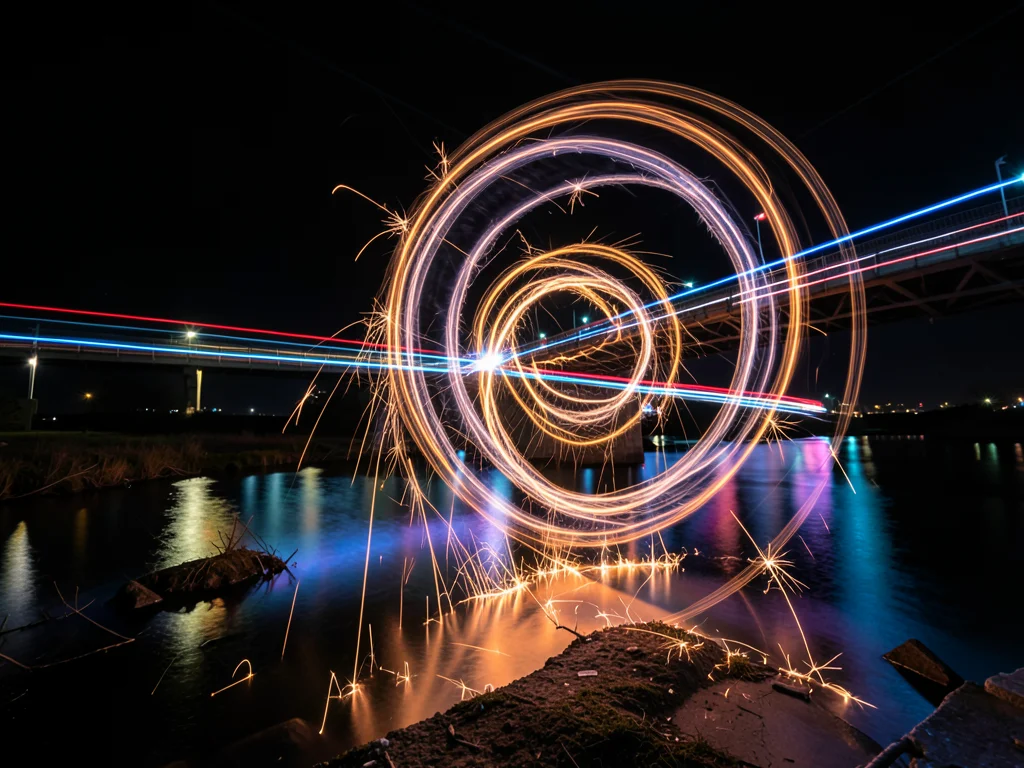 Steel wool spinning creating circular fire trails, bridge at night, sparks refle