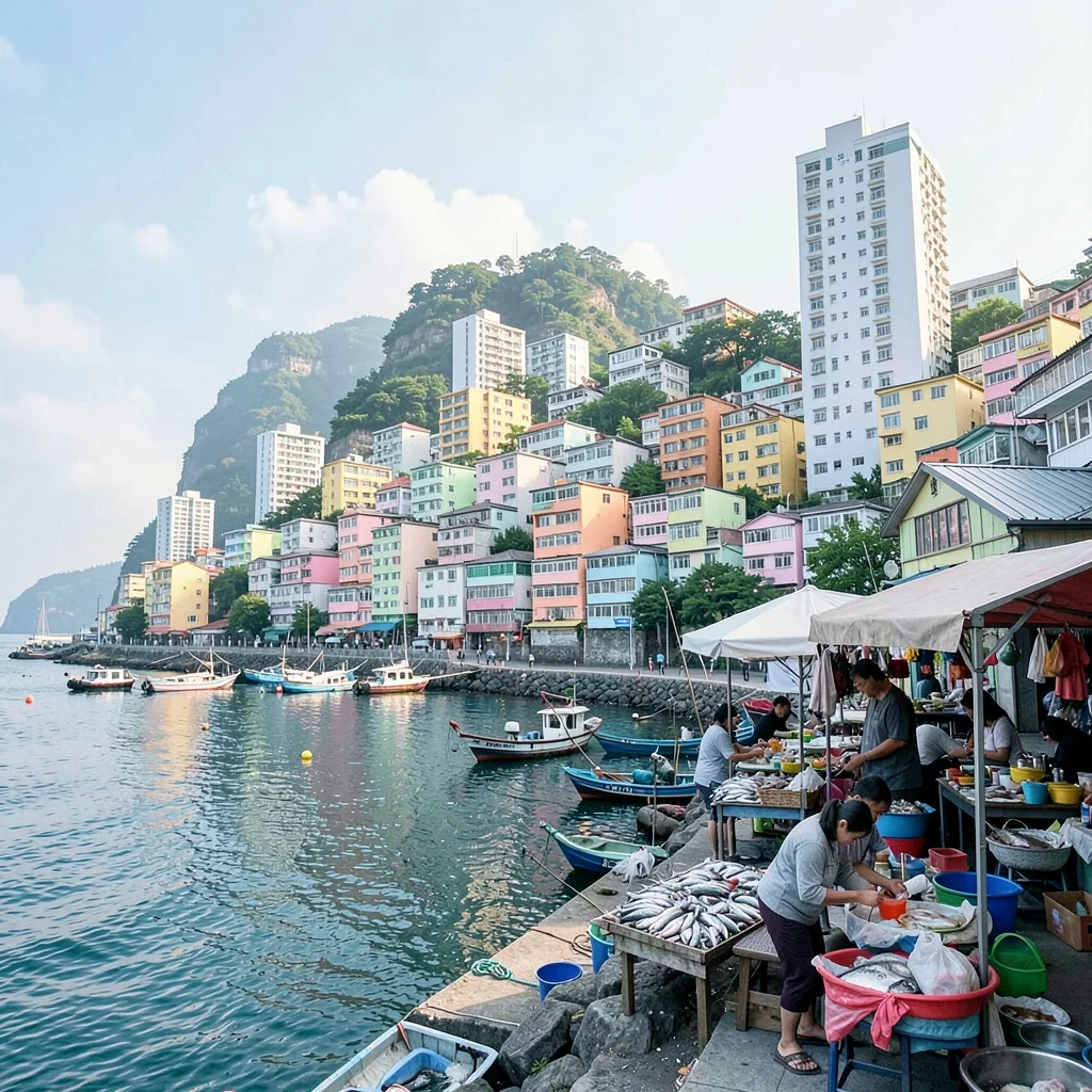 Busan vertical density, hillside village stacking, fish market vendor with harbo