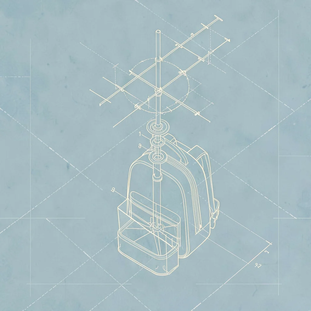Blueprint of an antenna mast unfolding from a backpack, isometric exploded view,