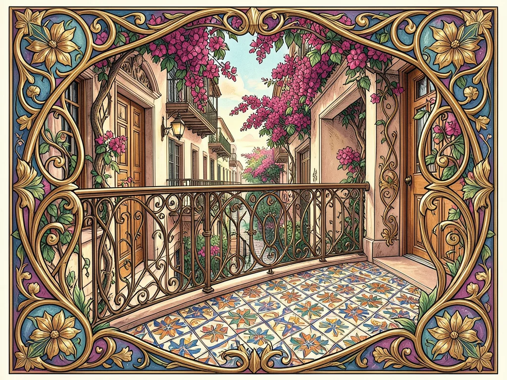 Art Nouveau balcony railing with Mexican tile mosaic floor, bougainvillea, colon