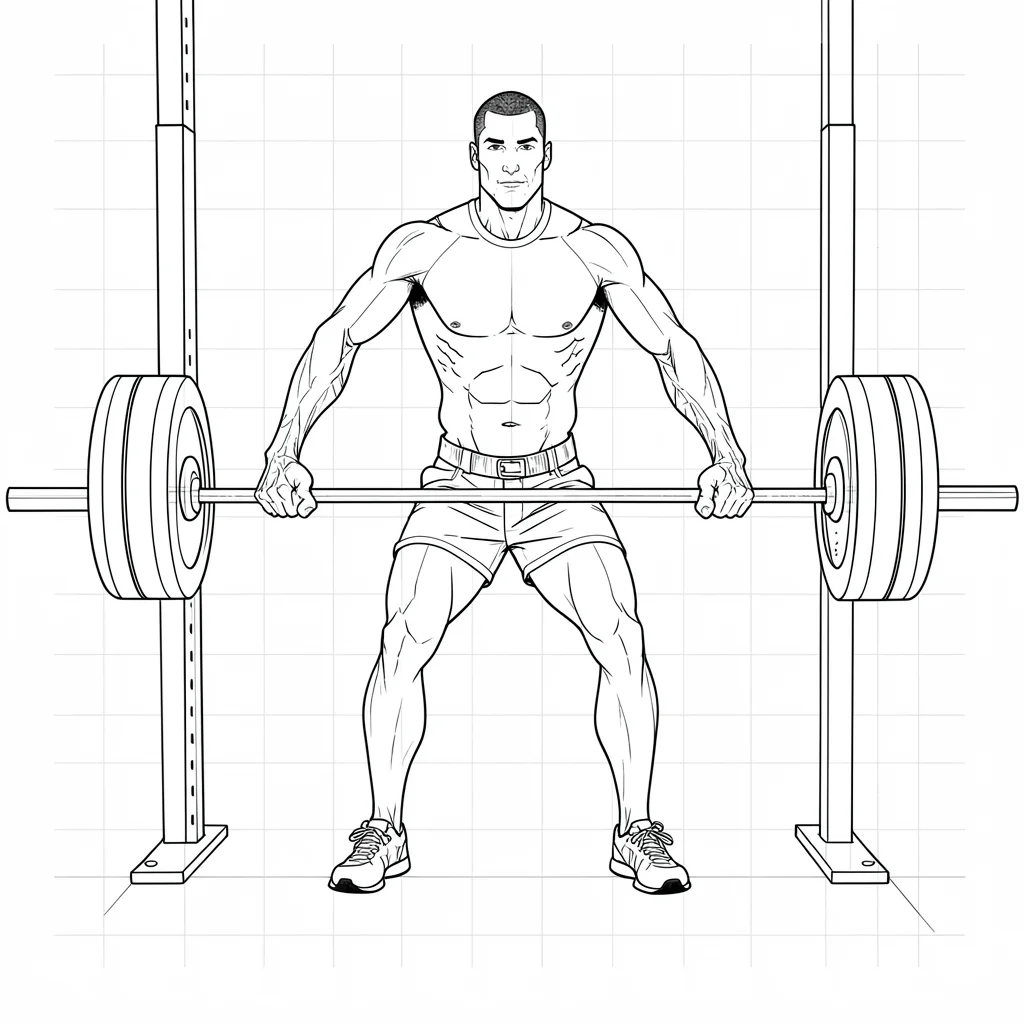 Anatomical blueprint study of a deadlift setup viewed from the front, vector-cle