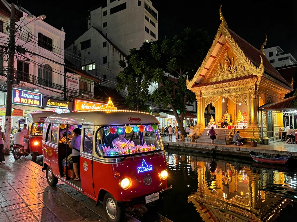 Decorated tuk tuk passing spirit shrine