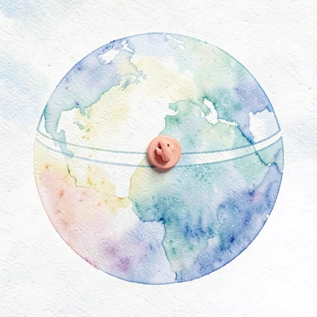 abstract globe-shape with three latitude lines and a single coral pin marking a 