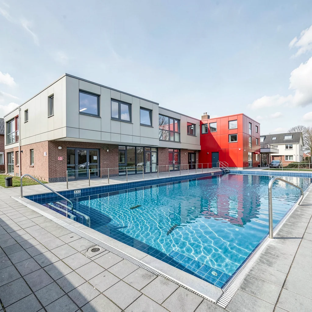 Danish design infrastructure, hygge mechanics, Public swimming pool with clean g