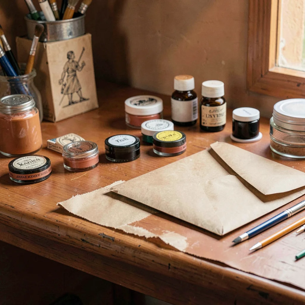 Warm painting of a craft desk with stamps, ink pads and a kraft envelope, terra-