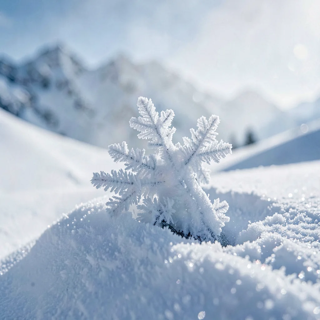 Atmospheric alpine scene of a snowboard planted in fresh powder, slow snow drift