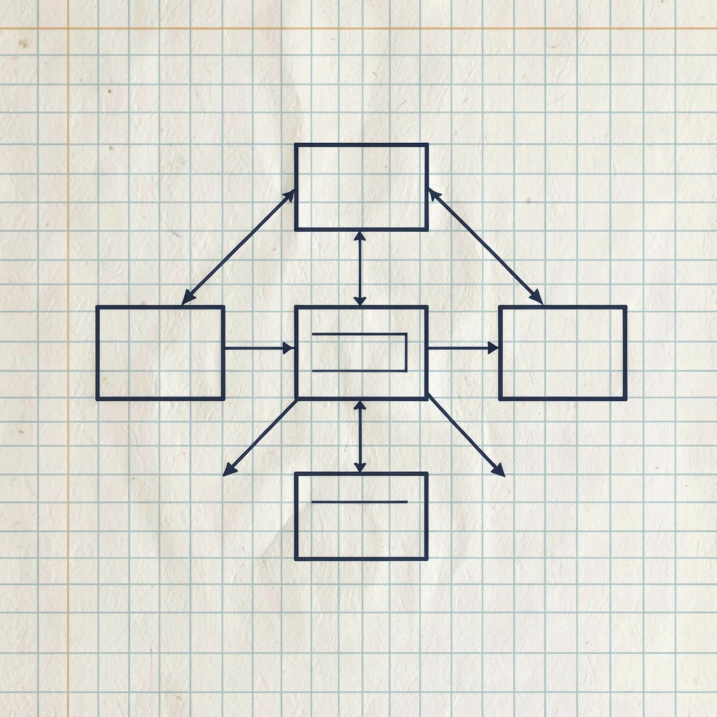 Schematic blueprint of a service architecture with seven connected boxes and hai