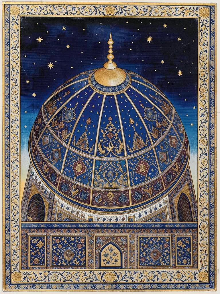 Night sky over a palace dome — deep blue ground with gold stars