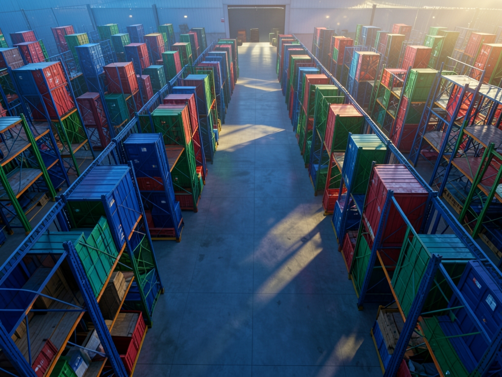 A breathtaking surreal landscape, dreamlike atmosphere,. warehouse floor plan top down view grid racks aisles docks. , p