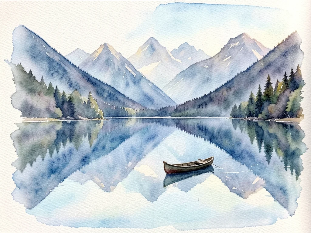 A mountain lake reflection, the peaks in cool blue-grey washes perfectly mirrore