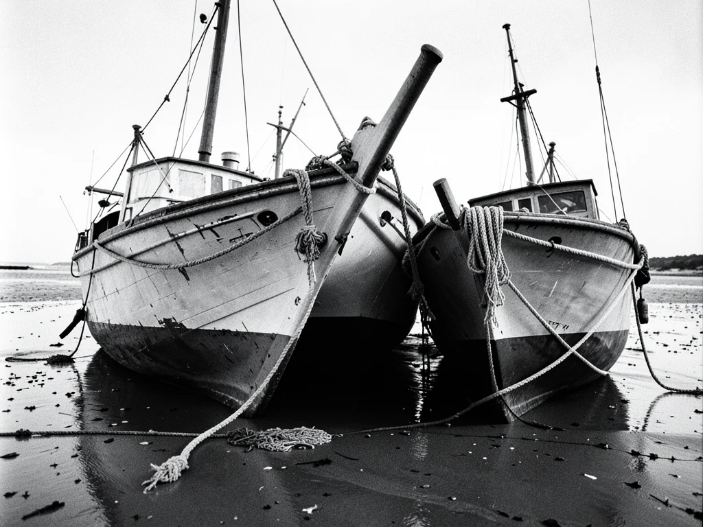 Three fishing boats at low tide, their hulls leaning against each other on wet s