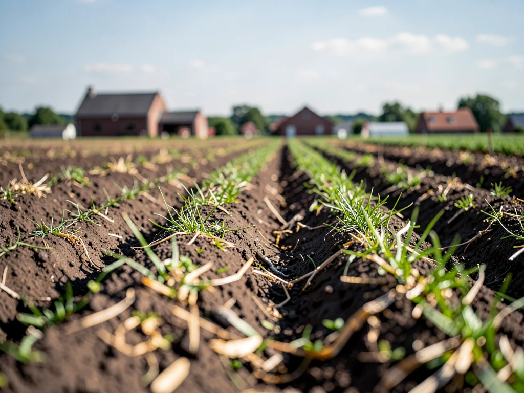 Farm field from near furrow to far buildings