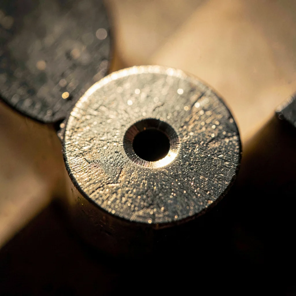 Mineralcut detail of a circular blade tooth at extreme closeup, hard sidelight o