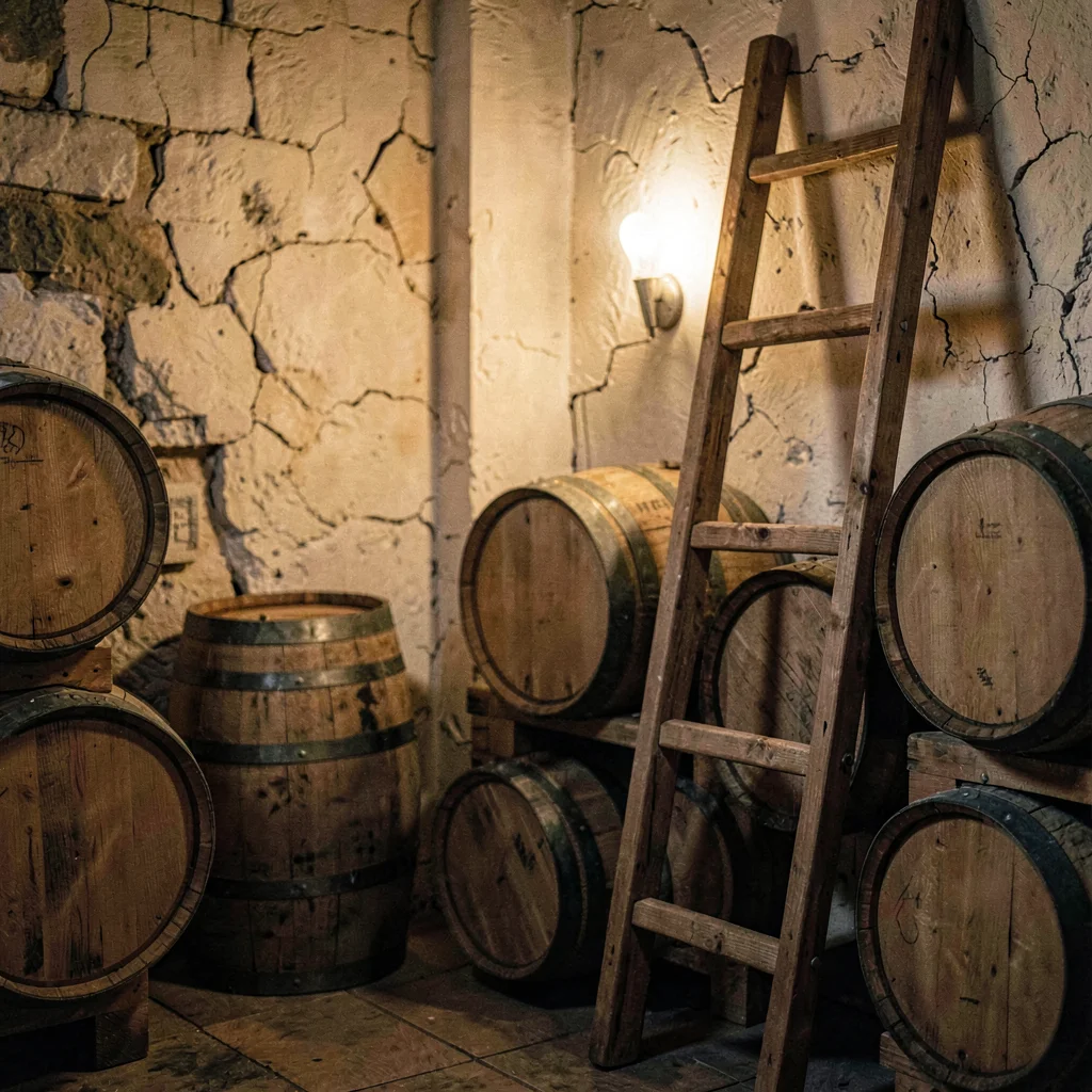 Cellar corner with a wooden ladder leaning against a stack of barrels, soft ambe