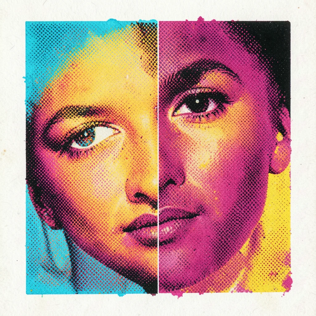 Four-color separation of flesh tones, individual CMYK dots combining to create t