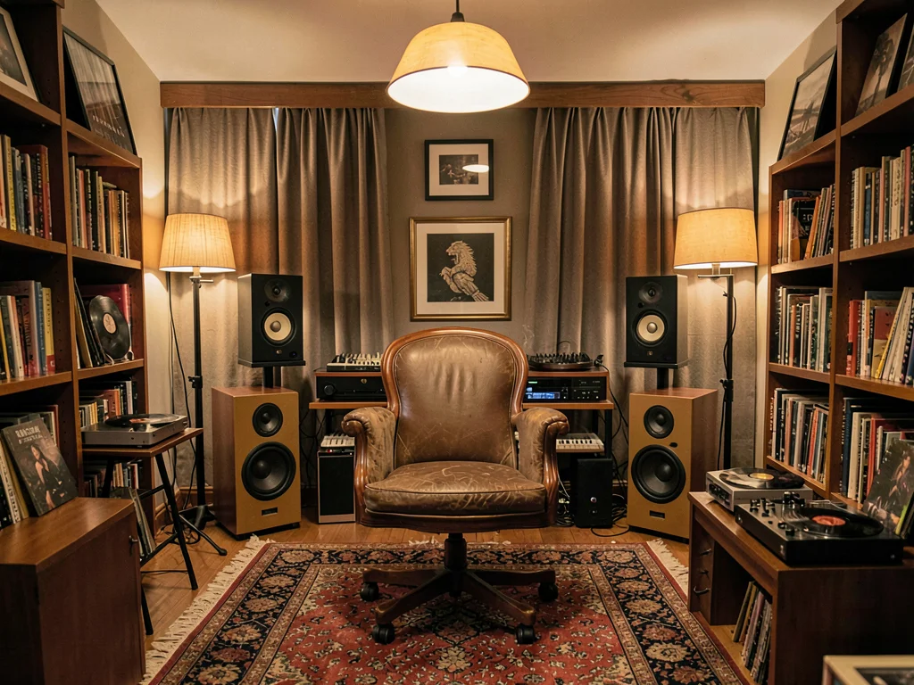 Listening room setup, positioned speakers, centered chair, the temple of playbac