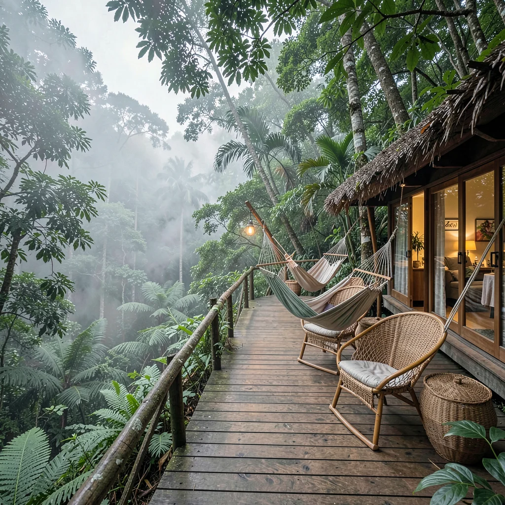Cloud forest mist layers in Costa Rica, A wooden deck at an eco-lodge extending 