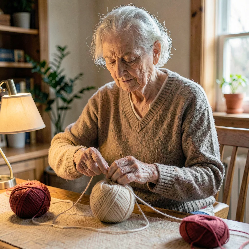 A patient white grandmother in her seventies winding yarn into a ball, lamp on t