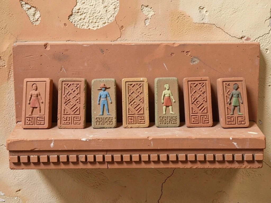 Row of clay stamp seals with geometric patterns arranged on terracotta shelf