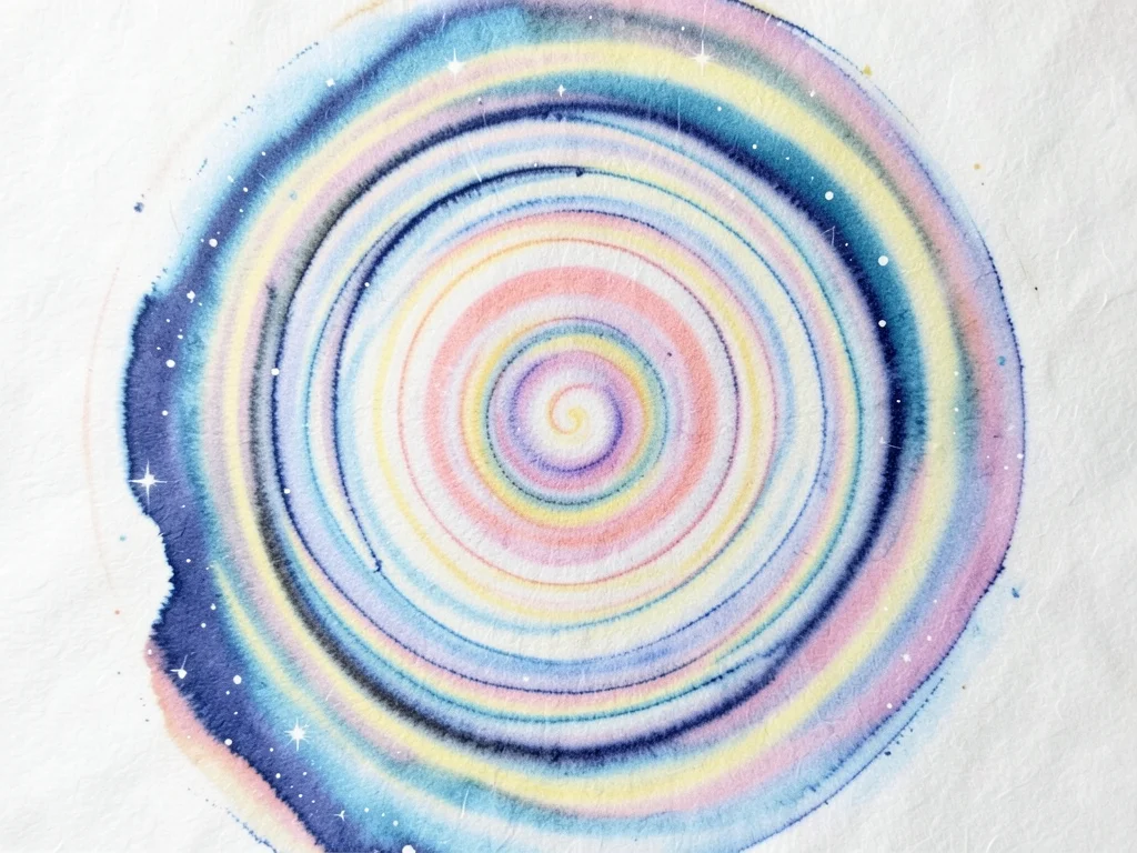 Japanese water marbling with concentric spring-colored ripples, traditional tech