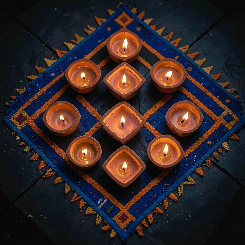 Diamond Diya Arrangement with Cobalt Rangoli