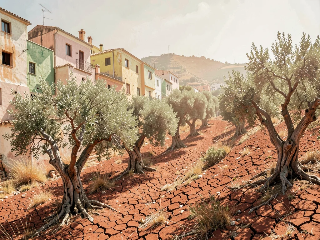Olive grove climbing a dry slope, gnarled silver trunks set in cracked red soil,