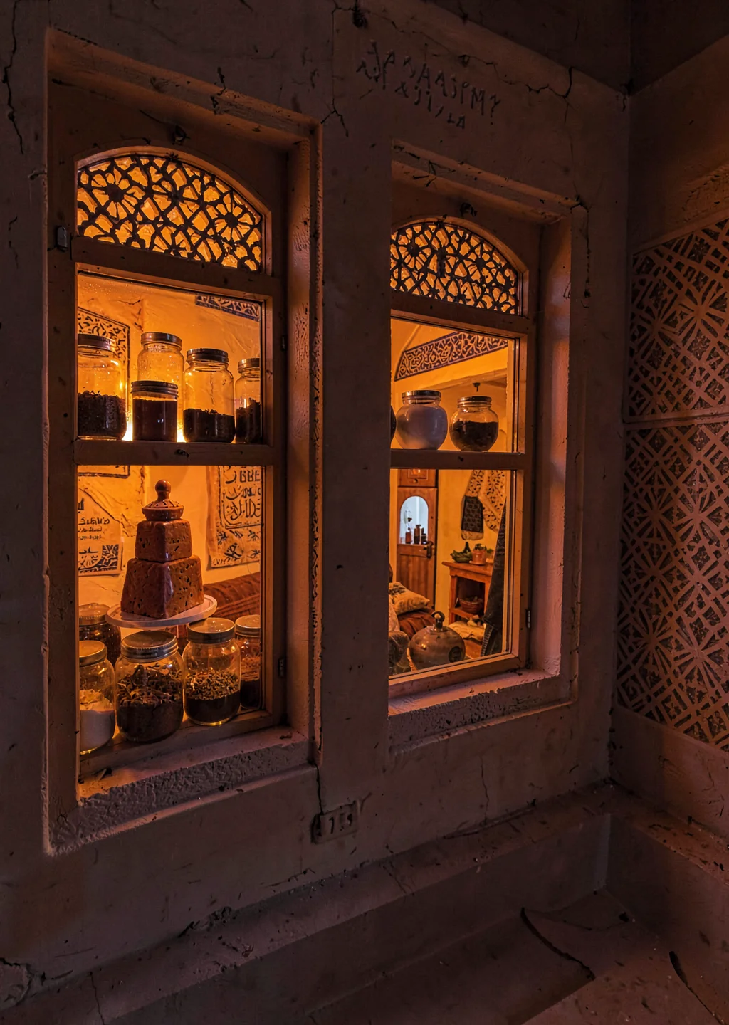 Colored light through qamariya windows in Sana'a, Yemen, spice jars in window wi