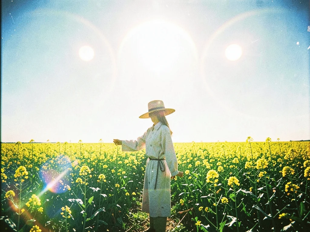 A scarecrow standing alone in a canola field facing the wrong direction beneath 