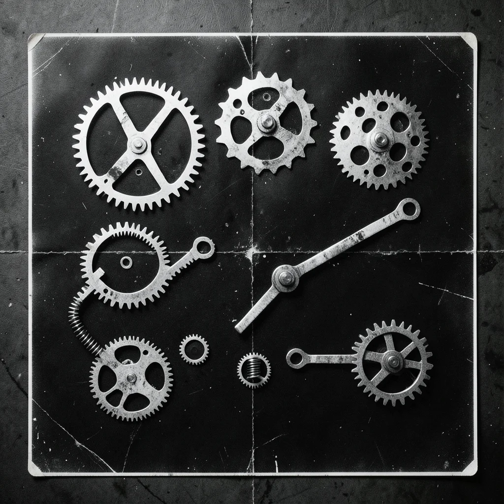 A photogram of clock parts: gears, springs, and hands arranged on paper, their m