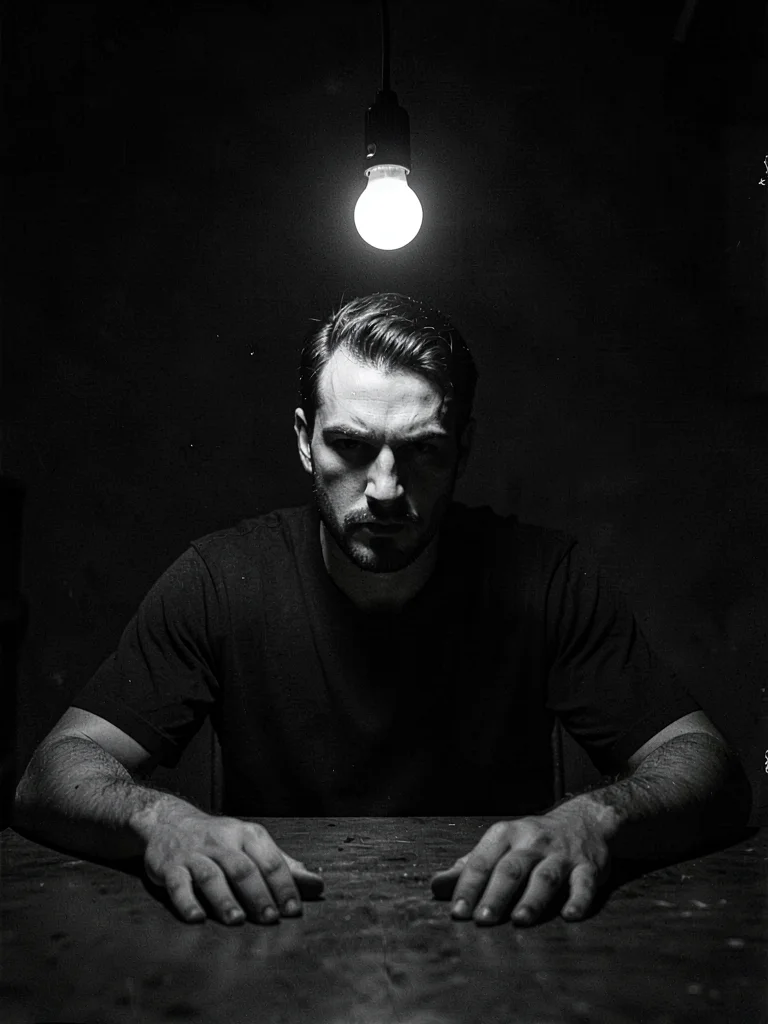 Man seated at table, single bulb swinging overhead, face cycling between lit and