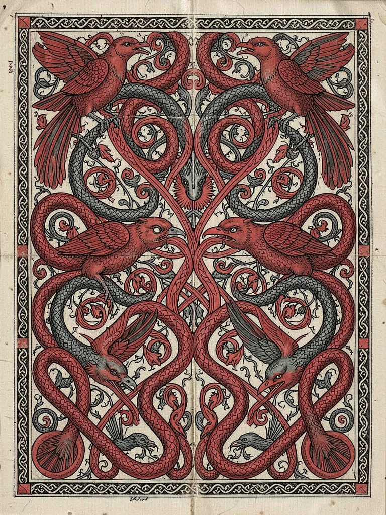 Zoomorphic carpet page — full page filled with interlocked bird and serpent form