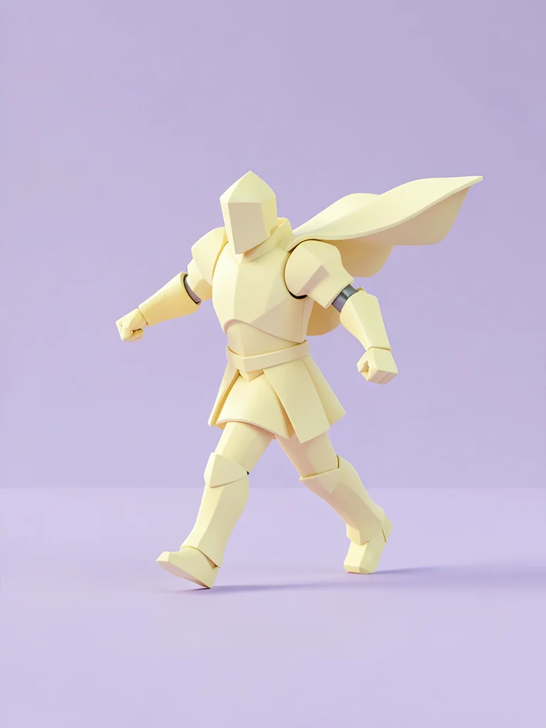 Solo pastel-yellow knight figure mid-stride across a flat lavender plain with ca