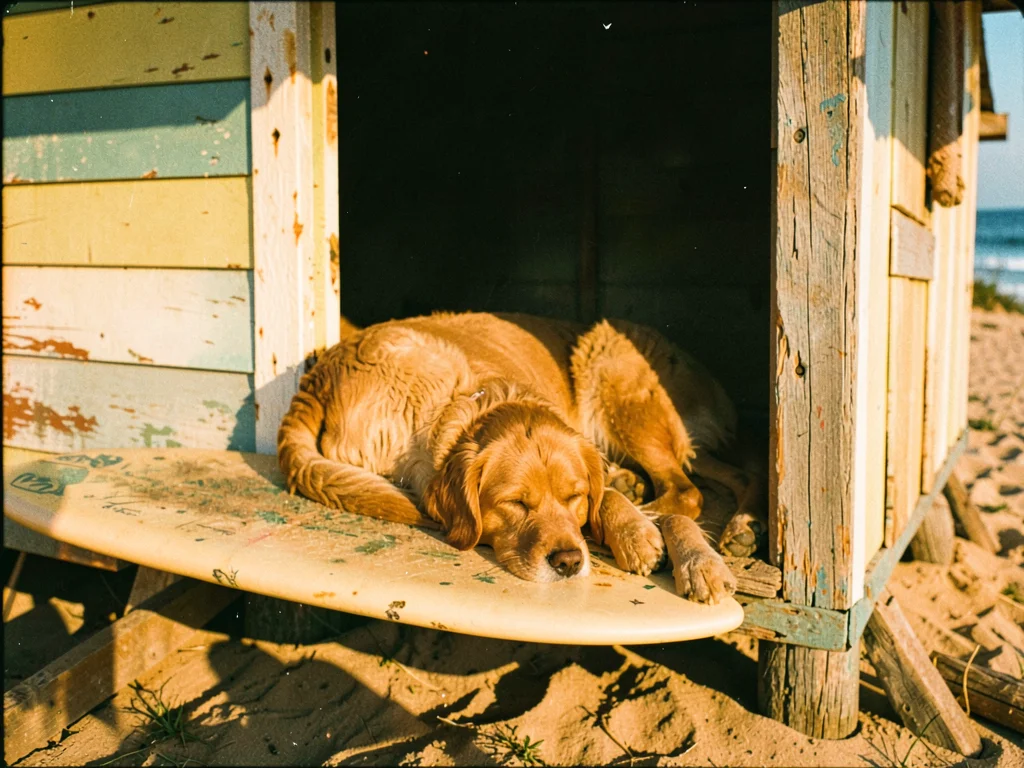 Dog napping on surfboard