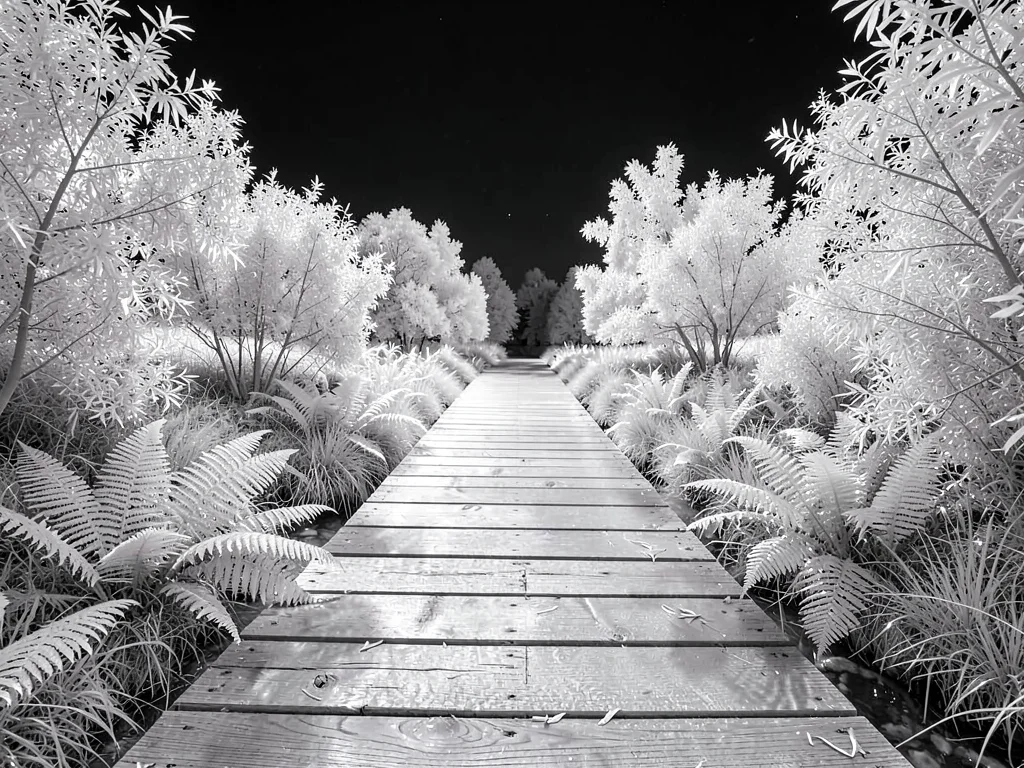 A wooden footbridge over a stream, planks rendered silver-grey, ferns glowing on