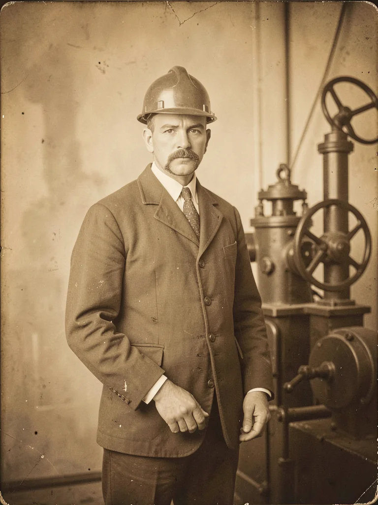 A Victorian engineer beside industrial machinery — formal studio-style portrait
