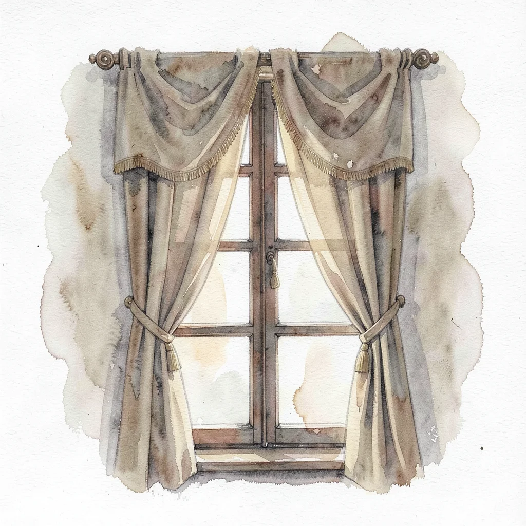 Atmospheric watercolor of a tall casement window with heritage curtains parted, 