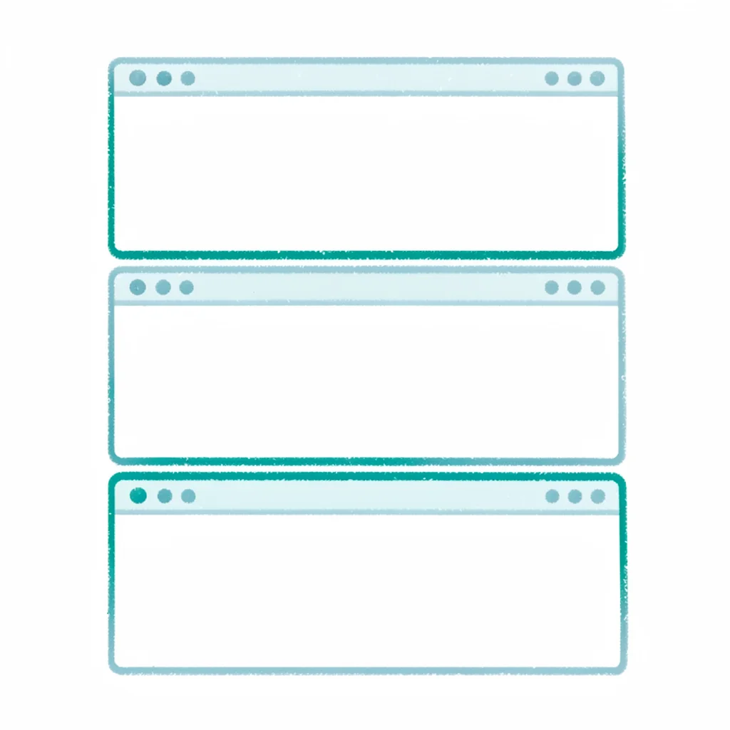 Wide layout of three stacked browser-shaped frames split by a vivid teal seam