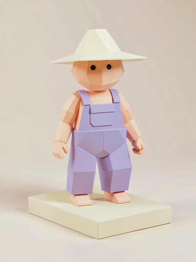 Overalled peach lowpoly farmer character with chunky lavender overalls and a tri