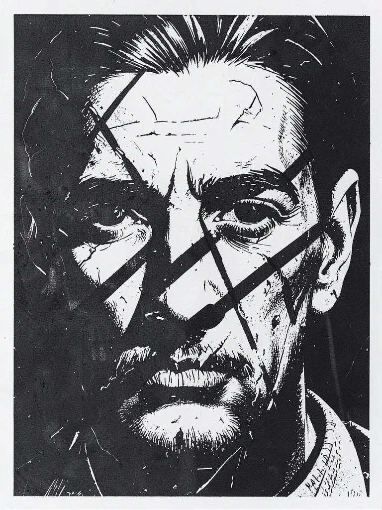 Close-up portrait face with deep carved diagonal shadow marks across features