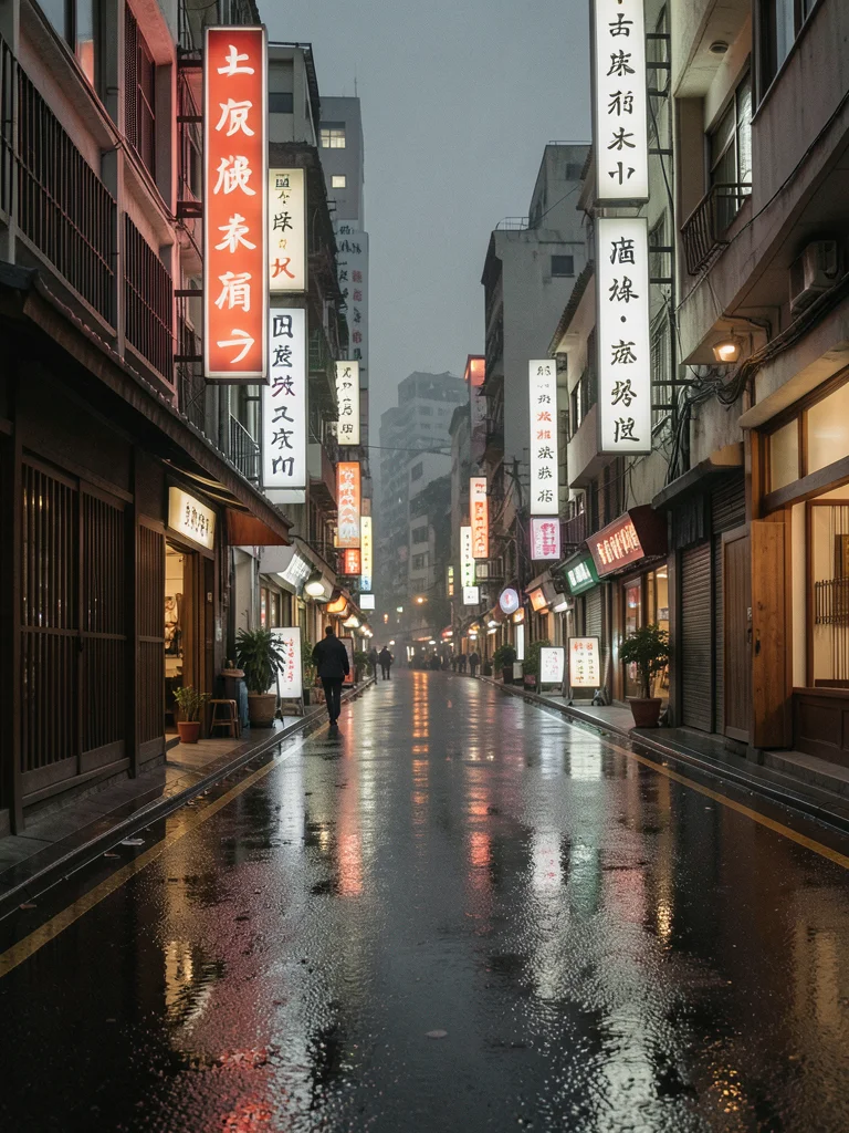 Hong Kong street at night with neon signs reflecting on wet pavement, dense vert